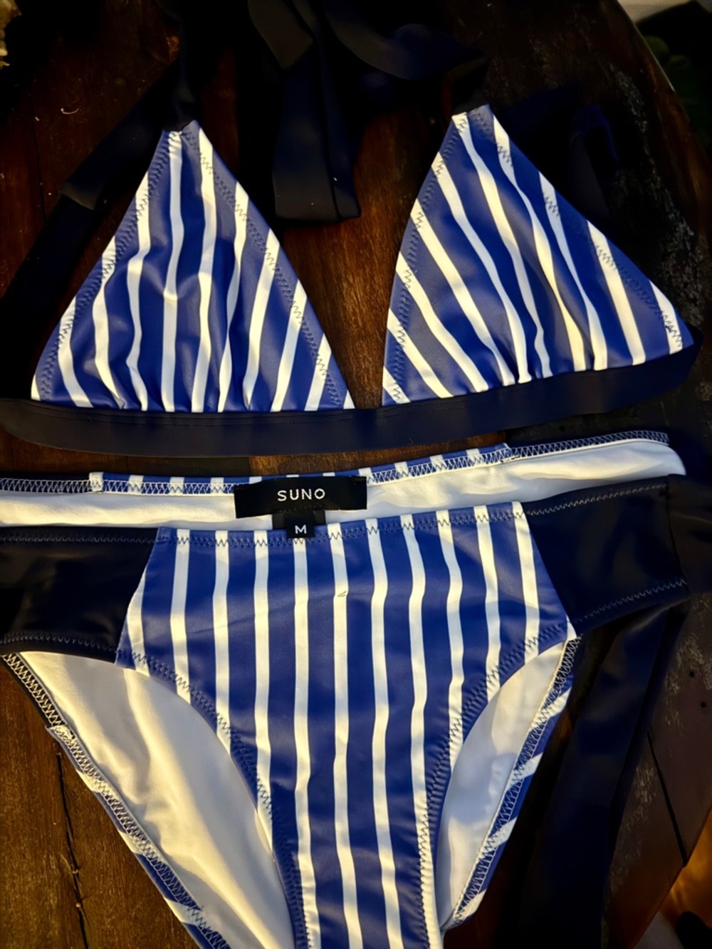 SUNO Navy & White Striped Triangle Bikini